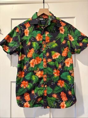 Denim & Flower Ricky Singh Men’s Short Sleeve Tropical Floral Tiger Button-Up M